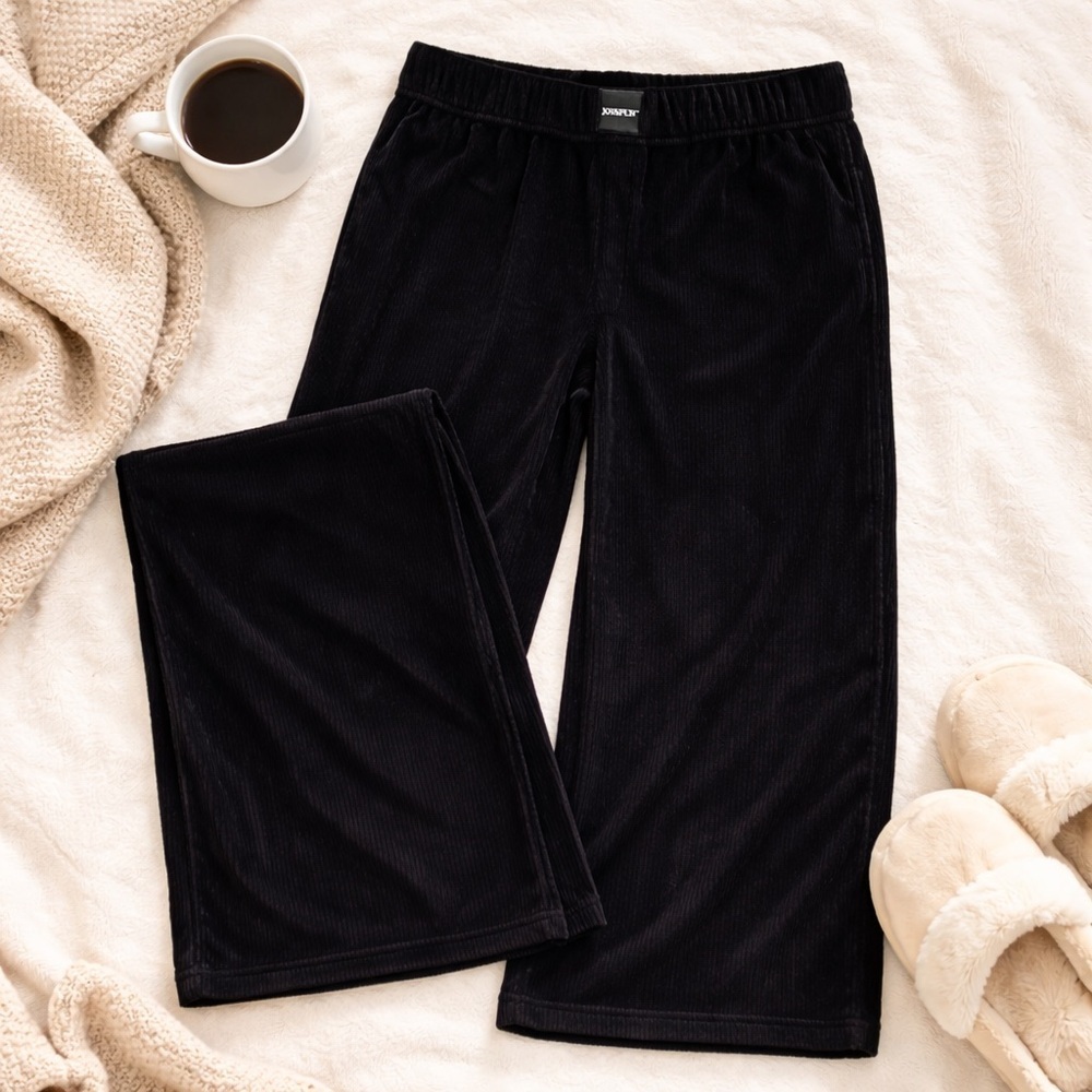 Joyspun Black Ribbed Velour Lounge Pants Wide Leg Soft Stretch